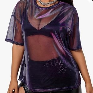 Purple Metallic Mesh Short Sleeve Sheer Top
